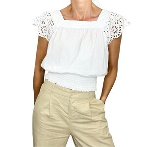 Neon & Nylon white square neck eyelet lace short sleeve smocked waist top EU 38